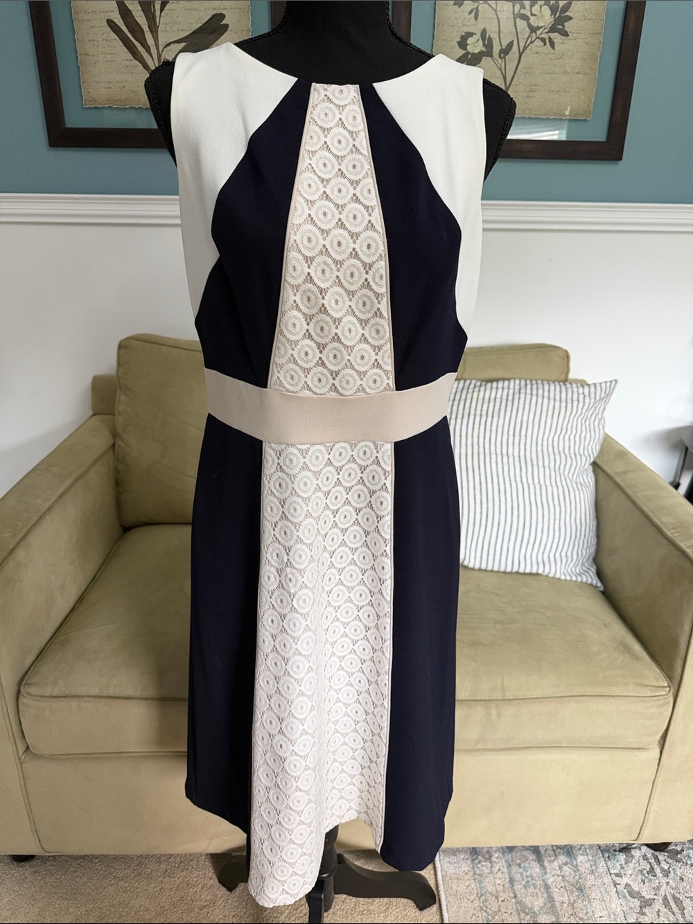 Sleeveless Navy and Cream Lace-Panel Midi Dress
